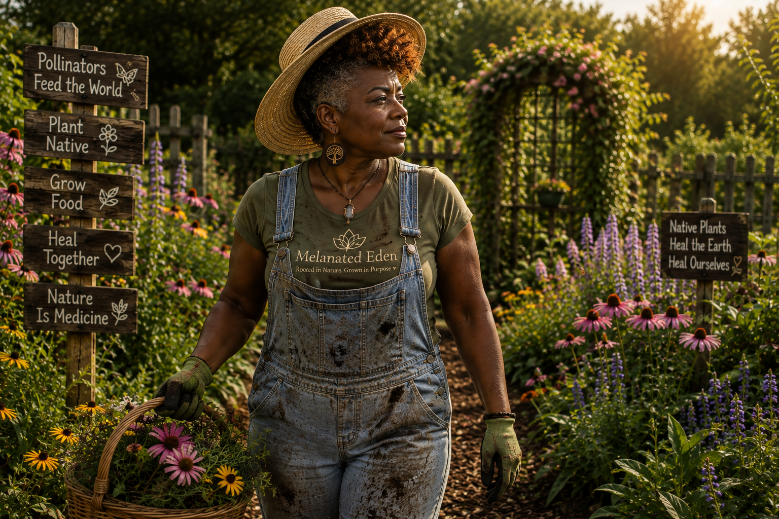 A woman wearing a straw hat, green t-shirt, and blue denim overalls walks through a lush garden holding a basket of flowers. The overalls have 'Melanated Eden' printed on the chest.